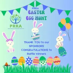 Easter poster with rabbits, decorated eggs, balloons, and festive text for PRRA Easter Egg Hunt event.
