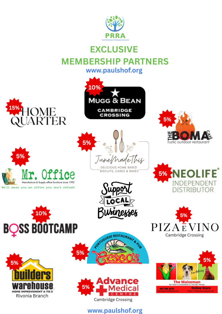 Collage of partner logos with red discount badges around and a central message about exclusive membership partners and paulshof.org link.