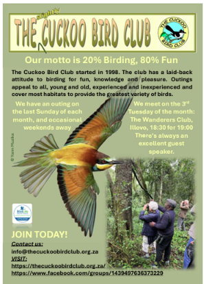 Cukoo Club - PRRA - PRRA Poster for The Cuckoo Bird Club with motto 'Our motto is 20% Birding, 80% Fun' on a green, nature-themed background; features a flying bird illustration, photos of people birdwatching, and club meeting details (3rd Tuesday of the month, The Wanderers Club, 18:30 for 19:00). Includes 'Join Today!' section with contact email and social media/web links.