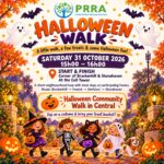 Colorful Halloween Walk poster showing kids in costumes with pumpkins; event on Oct 31, 2026, 15:00–16:00, start/finish at Brackenhill & Stonehaven.