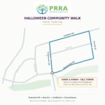 PRRA Halloween Community Walk route map; blue loop starts/finishes at the Cell Tower corner at Brackenhill & Stonehaven, with arrows along Brackenhill, Howick, Umfolozi, Stonehaven, and Colenso Roads.